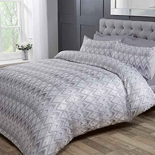 Sleepdown Chevron-Jacquard-Bettwäsche-Set mit Zickzack-Motiv, geometrisch, gestreift, Hellgrau-Weiß, Luxus-Bettwäsche-Set mit Kissenbezügen – King (220 cm x 230 cm)