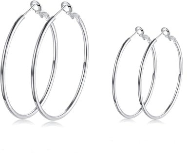 Creolen Silber 925 Ohrringe- 2 Paar Hypoallergen Große Huggies Creolen Silber Damen Ohrringe Silber 925 Set Piecing Schmuck zum Dankeschön Geburtstag Nikolaus Weihnachten Damen Herren Geschenke