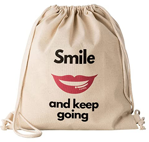 FremiBag _Keep_Smiling_Turnbeutel - bedruckter Stoffbeutel als Rucksack, Stofftasche aus Baumwolle mit Aufdruck, Sportbeutel mit coolem Spruch