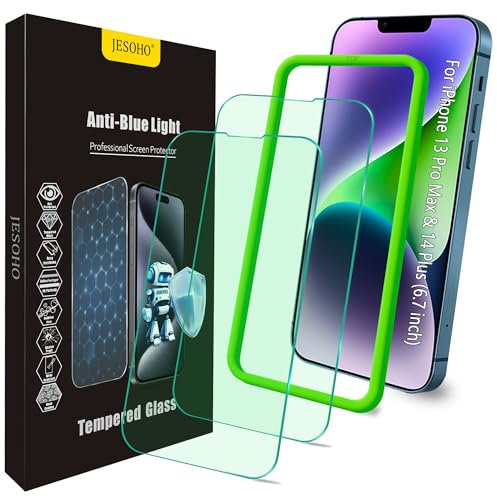 JESOHO Blue Light Screen Protector for iPhone 13 Pro Max & iPhone 14 Plus (6.7''), Eye Protection Tempered Glass Film, Scratch-Resistant, No Bubble with Easy Installation Kit, 2 Pack