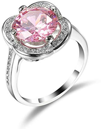 Banemi Ringe Freundin, Retro Ring Damen Versilberter Rosa Zirkonia Runden Damen Partyschmuck Größe 52 (16.6)