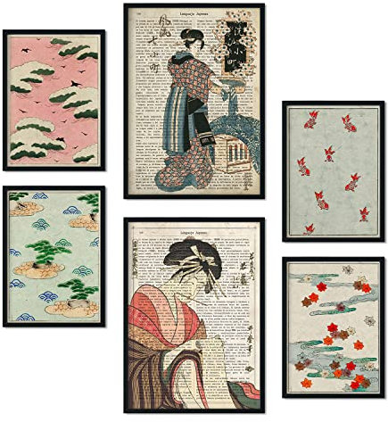 Nacnic-Set von 6 Poster von Japan. Sammlung von Platten mit ästhetischer Collage für Innendekoration. Größen A3 und A4. Mit schwarzem Rahmen.