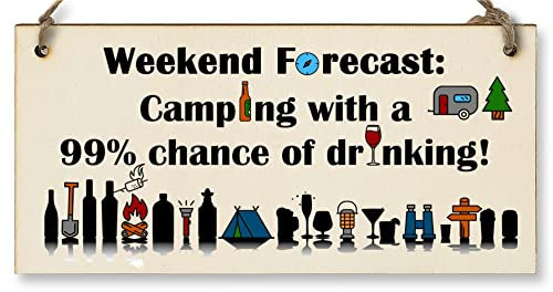 The Plum Penguin Handmade Wooden Hanging Wall Plaque Weekend Forecast Camping Drinking Funny Adventure Sign Wine Beer Gin Lovers