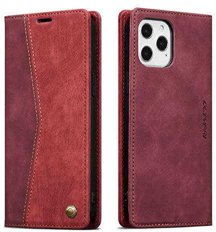 QLTYPRI Wallet Case for iPhone 12 Pro Max, Vintage PU Leather Folio Case with Card Slots Kickstand Magnetic Closure Shockproof Flip Phone Cover for iPhone 12 Pro Max - Wine Red
