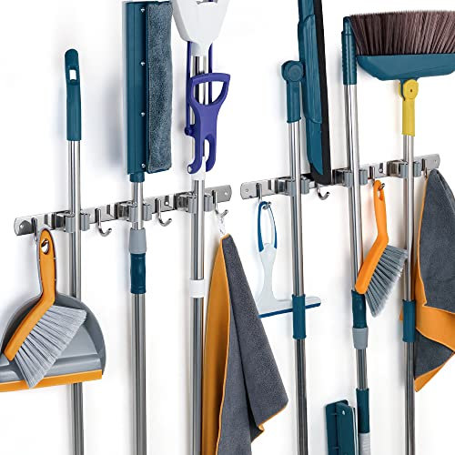 Damita Besenhalterung Wand, Mop Halter Wandhalterung Besen für Zuhause Küche Badezimmer Gartengeräte, Edelstahl rutschfest Gerätehalter wand 2 Stück (Silber, 3 Halter und 4 Haken)