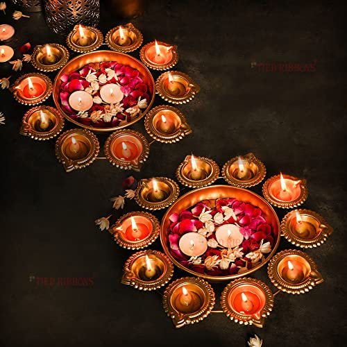 TIED RIBBONS Urlis for Decoration Indian | Iron, 9.5 Inch | Set of 2 | Diya Shape Flower Decorative Urli Bowl for Indian | Urli Bowl with Diya for Home, Ganesh Chaturthi | Diwali Decorations for Home