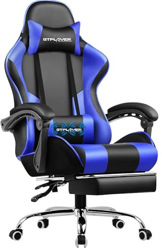 GTPLAYER Gaming Stuhl Bürostuhl Massage Gaming Sessel Ergonomischer Gamer Stuhl mit Fußstütze, Kopfstütze Massage-Lendenkissen, Gepolstert Gaming Chair, Drehsessel, Blau
