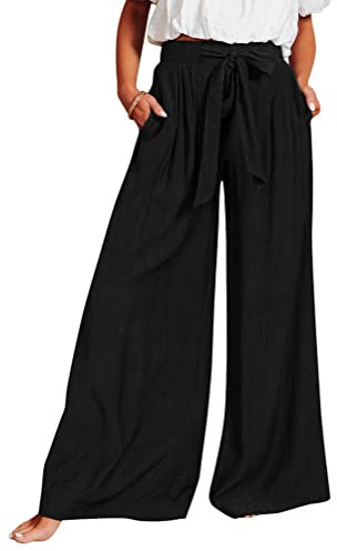 Onsoyours Hose Damen Sommer High Waist Weitehose Palazzo Hose Damen Elegant Sommerhose Damen Leicht Hosenrock Damen Lang Sommer Plissee Hose Madchen Marlenehose Damen mit Taschen A Schwarz XXL
