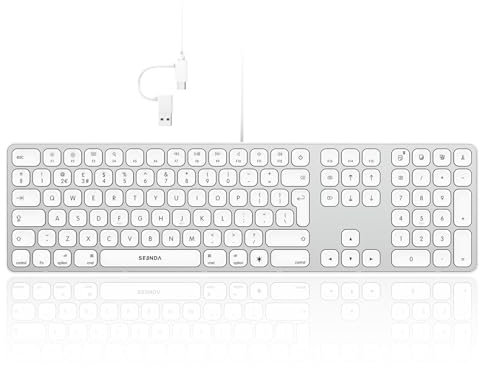 Seenda Wired Backlit Keyboard - Full-size Slim USB A & Type C 2-in-1 Connector for Apple iMac, MacBook Pro/Air, Mac Pro, Mac Mini - UK Layout - White and Silver
