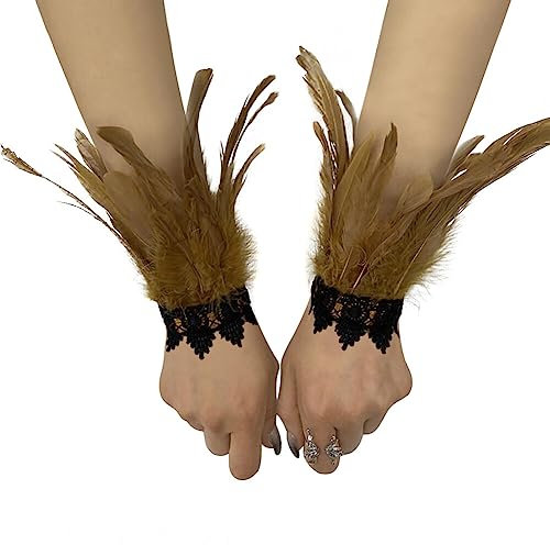 MoreChioce 1 Paar Feder Manschetten, 1 Paar Natürlichen Federn Armbänder Natürlichen Federn Handgelenk Frauen Dekorative Federärmel Federschlagarmbänder Damen Kostüme Manschetten,Hell Braun