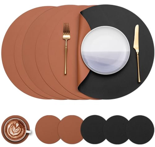 Myir JUN Set de Table Lot de 6, 38cm Set de Table Cuir et Dessous de Verre Double Face Set de Table Lavable ImperméAbles Set de Table Rond Plastique Dessous de Table (Noir & Marron, Lot de 6)