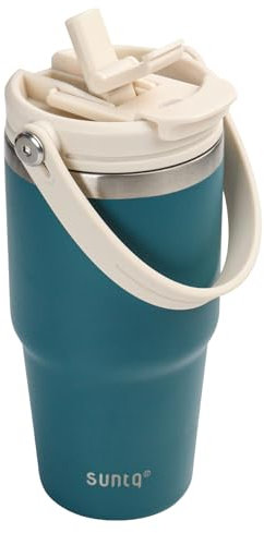 SUNTQ 550ml/20oz Tumbler mit Griff und Flip Stroh, Isolierte Edelstahlbecher mit auslaufsicherem 2-in-1-Deckel, wiederverwendbare doppelwandige Wasserflasche, Portable Kaffee-Reisebecher(Blau)