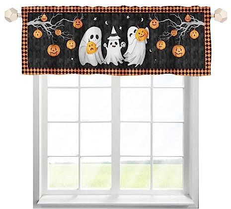 EHJOS Halloween Kürbis Geist Scheibengardine Bistrogardine mit Stangendurchzug Kurzstores Gardinen Modern Fensterschal für Wohnzimmer Schlafzimmer Kinderzimmer 137x45cm,1 Stück