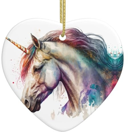 Watercolor Unicorn Christmas Ornaments, Christmas Decorations Xmas Tree Hanging Ornaments, Heart-Shaped Ceramic Festive Keepsake Gift for Christmas Decorations Home Holiday Party