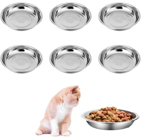 Cat Bowls Whisker Friendly, Shallow Wide Flat Cat Food Bowls Stainless Steel,Metal Cat Dishes Whisker Fatigue Relief,Replacement Basic Cat Plates for Elevated Stand,Dishwasher Safe (6PCS)