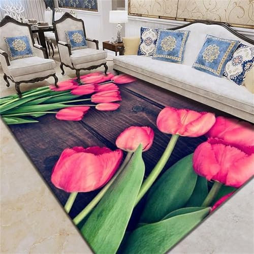 Kunsen Tapis Chambre ado Motif de Fleurs Tapis Design Couleur Rose Tapis de Chiffon Chambre parentale moderne160X230CM