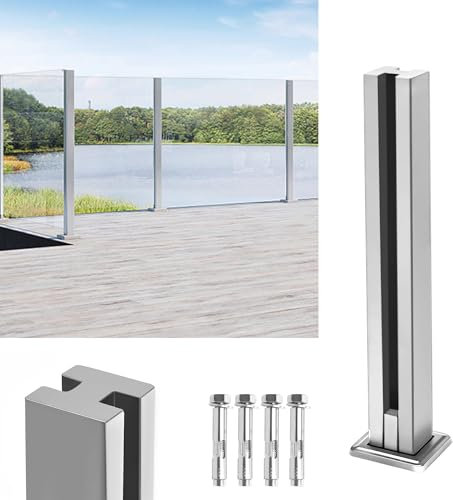 YRHome Edelstahl Geländerpfosten Glasklemme Glashalter Glasgeländerpfosten Glasgeländer Glas Balustraden-Geländerpfostenklemme für Balkonterrasse Außenpool Terrassen (Silber-Mittelpfosten, 85cm/33.5)