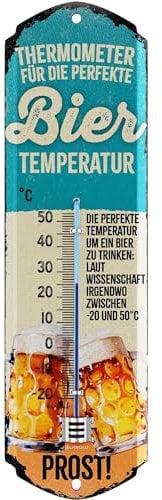 Retro Blechschild Thermometer BIER TEMPERATUR - lustiges Sprüche Bier Schild als Partykeller Deko, Kneipen und Bar Dekoration für Stammtisch - Biertrinker Geschenk, 8x28 cm