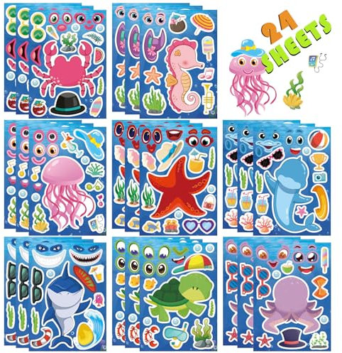 24 Bögen Ozean-Aufkleber für Kinder, machen Sie Ihre eigenen Meerestier-Mix-and-Match-Aufkleberbögen, machen Sie ein Gesicht Aufkleber für Kinder, Aktivitäten, Zubehör, Basteln