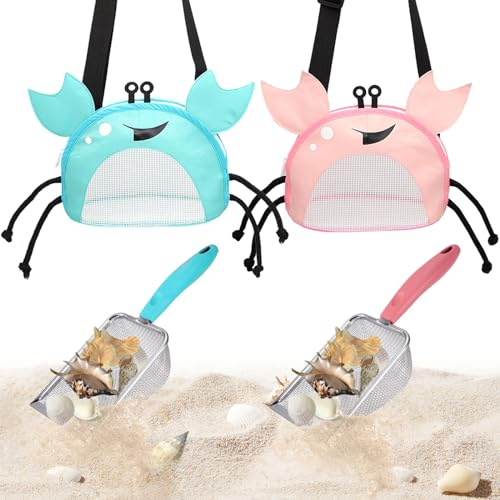 YOOLEETC 4PCS Beach Toy Mesh Shovel and Mesh Beach Bag Seashell Bag,for Sand Filter & Collect Shells,Sand Sifter Shell Collecting Tools(Blue-Pink Crab)