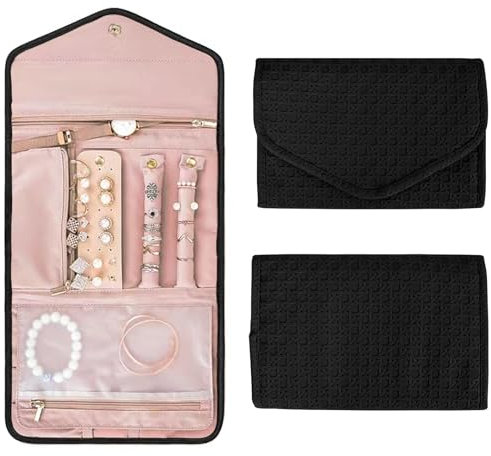 Leather Jewelry Organizer Roll Bag, Portable Travel Jewel Storage, Waterproof Large Jewellery Bag for Necklace, Bracelets, Earrings - Gift for Girls Women, Black