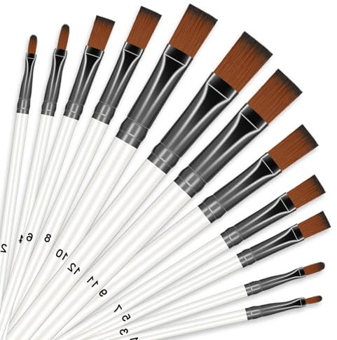 12Pcs Art Paint Brushes Set Flat Paint Brushes Acrylic Paint Brushes Nylon Professional Flat Brushes for Acrylic Painting Watercolor, Oil Painting, Face Body Nail Art, Crafts, Rock Painting