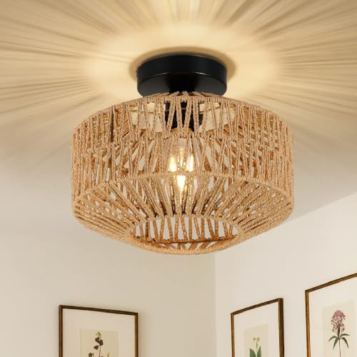 TONGNIDA Lampada da soffitto vintage in corda di canapa, lampada a sospensione rustica americana E26/27 base, plafoniera intrecciata a mano diametro 30 cm, per ristorante, caffè, decorazione per la