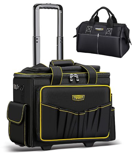 PISKGODSF Large Rolling Tool Bag with Double Wheels, Portable, Waterproof, 40 Pocket, Black