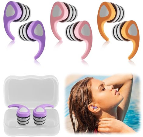 Zueyen 3 tapones para los oídos de natación, protección auditiva para niños, impermeables, reutilizables, de silicona, para buceo, piscina, ducha, surf y otros deportes acuáticos (naranja, rosa,