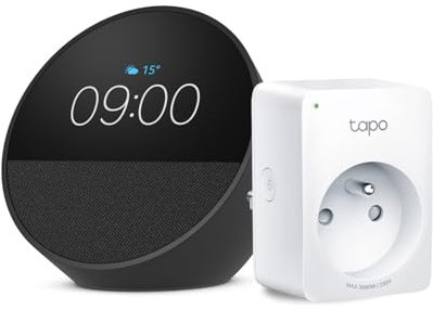 Echo Spot | Noir + Tapo Matter Prise Connectée, Fonctionne avec Alexa - Kit de démarrage Maison connectée