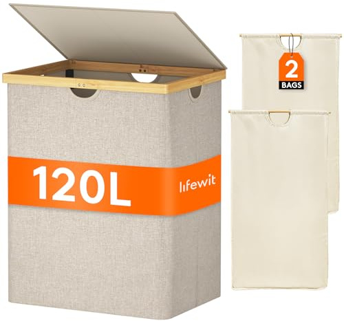 Lifewit 120L Bambus Wäschekorb mit Deckel, Faltbar Wäschesammler 2 Fächer Wäschesortierer mit Abnehmbarem Wäschesack Bambus Griffen Wäschebox Laundry Baskets für Waschküche, Schlafzimmer, Beige