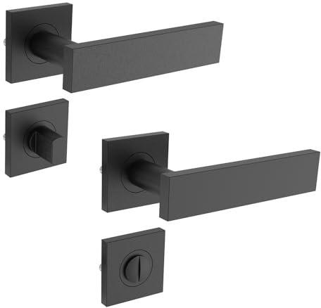 KARATINTL Drückergarnitur WC Schwarz,Türgriffe mit Quadratischen Set für Badezimmertüren, Schwarz Türdrückergarnitur,Türgriffe wc Schwarz matt für Zimmertüren DIN-Norm (Quadratische-WC/Badezimmer)