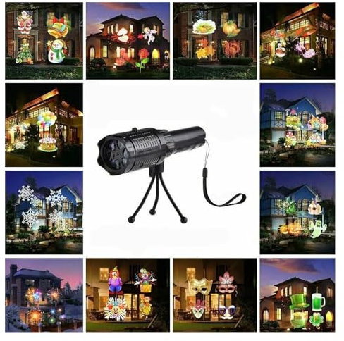 Proiettore olografico di Halloween LED Halloween Christmas Project Lights Indoor Outdoor Festival Party con 12 carte Moo di pellicola Torcia USB Lampada for bambini per decorazioni per interni con pae