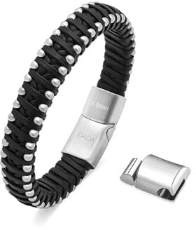 Dada Gioielli - Bracciale Uomo Pelle Acciaio Anallergico Perle Acciaio Chiusura Magnetica Regolabile (Argento Satinato)