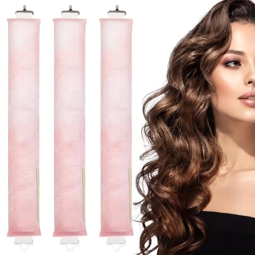 Heatless Lockenwickler Stirnband – keine Hitze über Nacht Locken für langes Haar (3 Stück, Batikfärbung, Pfirsichrosa)