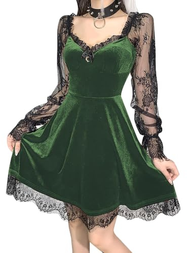 DINGJIUYAN Gothic Velvet Corset Dress Lace Mini Dress | Long Sleeve,Vintage,Goth,Party,Halloween,Cosplay,Evening,Outfits
