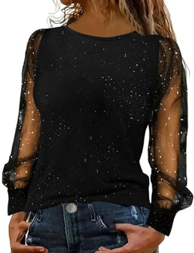 YCBMINGCAN Bluse Damen Glitzer Oberteile Elegant Glitzerpulver Sexy Silvester Outfit Pailletten Oberteil Glitzer Shirt Damenblusen Langarm Große Größen Tunika Festliche Oberteile