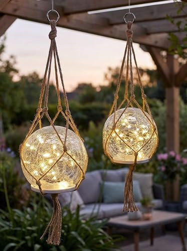 Solar Hängelampe & Tischlampe Leuchtkugel 2er Set Solarlampe für außen 15 cm Boho-Stil mit hochwertigem Glas mit Jute Netz Gartendeko warmweiß