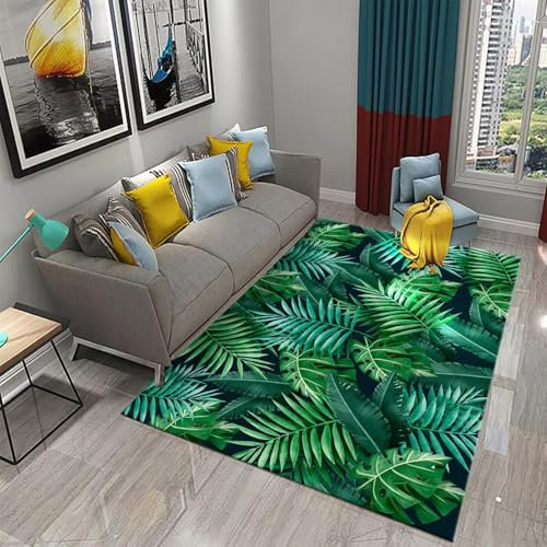 JGGXHM Indoor Outdoor Rugs 120x160cm Palm Leaf Carpet Green Tropical Plants Rugs Kitchen Bathroom Non-Slip Door Mats Carpet Living Room Bedroom Decor Floor Rugs