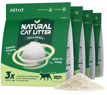 PETKIT Klumpende Katzenstreu Pflanzenbasiert, 9,6 kg,100% Natürlich, Staubfrei, Geruchsneutralisierend, Biologisch Abbaubar, Kein Verkleben, Einfach zu Schaufeln,4X 2,4 kg Beutel