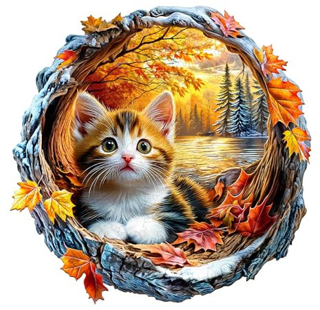 Holzpuzzle Erwachsene Katze im Herbst - 190 Teile holzpuzzle Geschenkbox, Wanddekoration und Geschenk für Freunde und Familien (14 Jahren+)