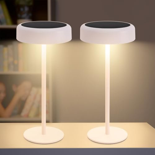 meoaow Tischlampe Solar Akku Nachttischlampe - Led Kabellos Tischleuchte 3600mhA Aufladbar Touch Dimmbar 2er Set IP44 Weiß Lampe mit USB Batterie Solarlampen für Modern Wohnzimmer Schlafzimmer Outdoor