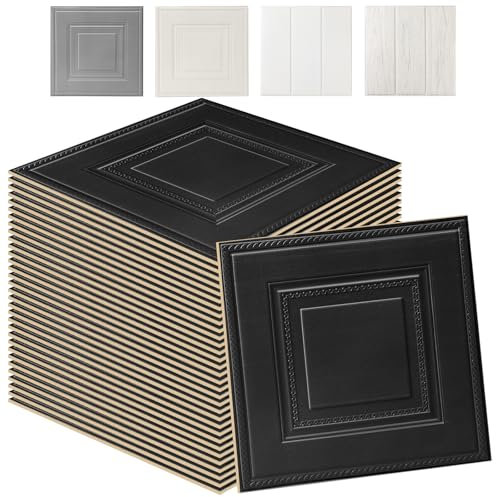 Swehooirt 50PCS Wall Wood Panels Peel and Stick Wall Panels Black Self Adhesive Panelling for Living Room Bedroom Ceiling Tiles Hallway Bathroom Wallpaper Waterproof