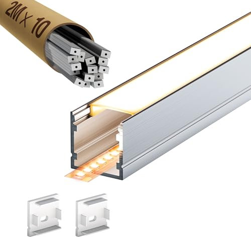 10 x LED Alu Profil Weiß 2m, U-Schiene 20 x 20 mm für LED Strip 15.4mm, inkl. Abdeckung