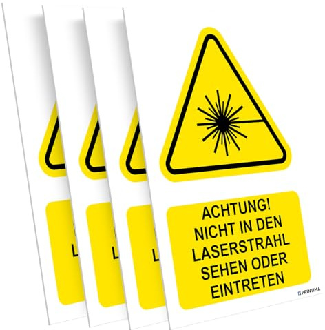 PRINTIMA 4x Schild – „ACHTUNG! Nicht in den Laserstrahl sehen oder eintreten” 21x32 cm – PVC Warnschild Set mit Montageset für Schilder – Laserschutz & Sicherheitsbereich