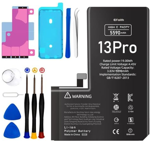 EFaith Batteria per iPhone 13 Pro [5590mAh] di ricambio ad alta capacità 0 cicli con kit di riparazione professionale e adesivo