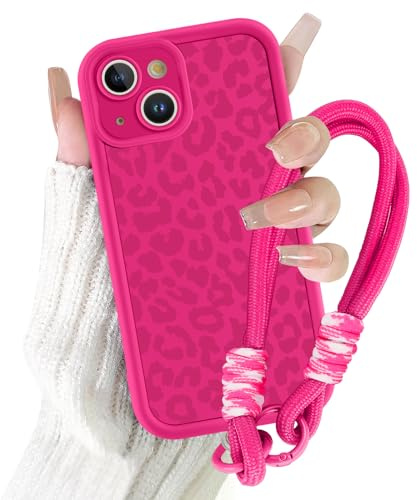 Phoona Cute Hot Pink Leopard for iPhone 14 6.1 Phone Case, Aesthetic Girly Phone Case with Phone Charms Chain Bracelet,Soft Shockproof Protective Cover Funda Cover for Women Girls