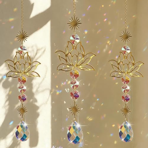 Atrapasueños de Cristal,3 Piezas Atrapasoles de Cristal,Suncatcher Ornamento Colgante,Atrapasueños de Loto,Colgante de Coche de Cristal en Forma de Loto,para Ventana,Jardín,Fiesta