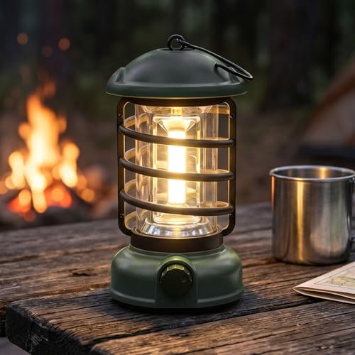 Aigostar Campinglampe Retro, Einstellbare Helligkeit (10%-100%), 250LM 3000K warmweiß, IP44 wasserdicht, 3 AA-Batterien (nicht enthalten) – für Camping, Angeln, Dekoration & Notfälle