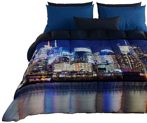 PETTI Artigiani Italiani - Trapunta Matrimoniale Invernale, Piumone Matrimoniale, Trapunta Double Face Tinta Unita e Stampa Digitale New York, Made in Italy